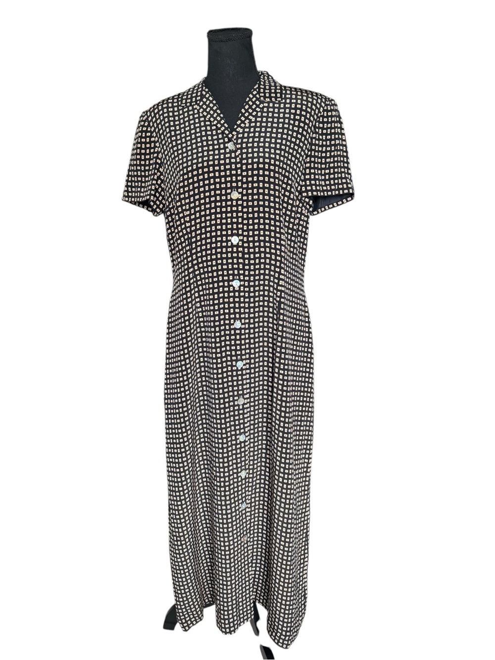 Talbots Pure Silk Midi Shirt Dress 12 Black Tan Geometric Quiet Luxury 90s